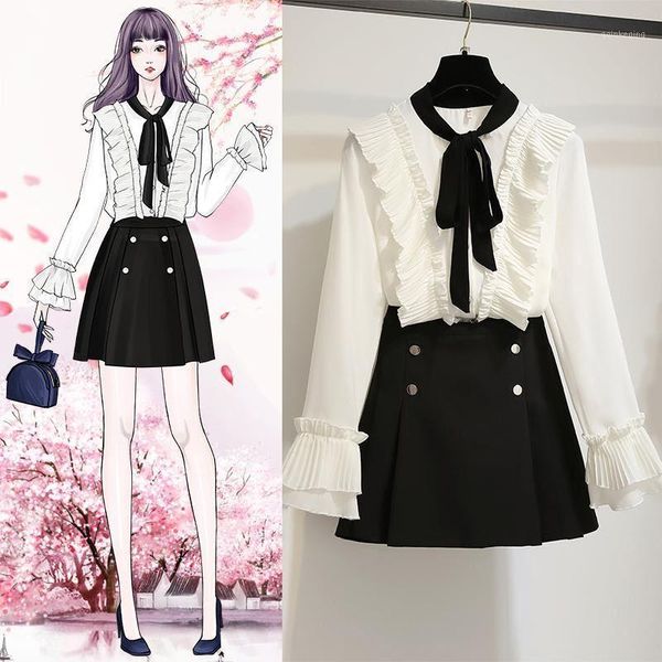 

2019 spring autumn women ruffles patchwork chiffon bow shirt a line draped solid skirt suit lady plus size casual set z2651, White