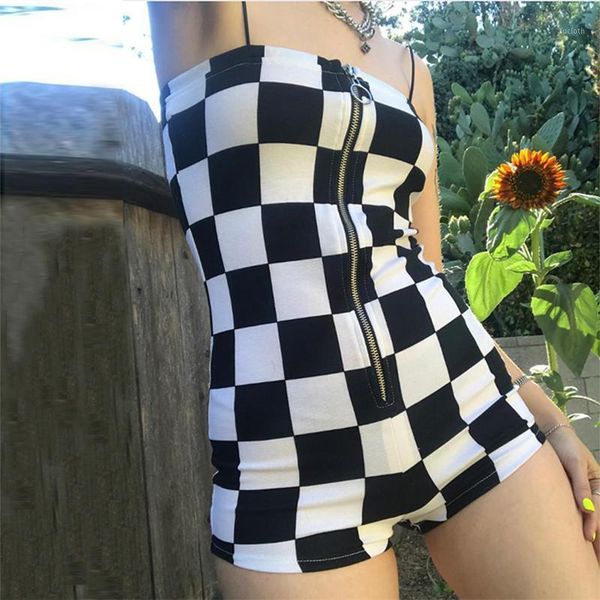 

2020 autumn women checkerboard plaid playsuits backless strapless zipper up slim female club party playsuits1, Black;white