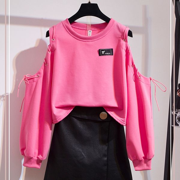

shoulder long sleeve sweater fashion fall 2020 new women's korean loose short suit pu leather two short skirt skirtsweater skirt piece, Gray