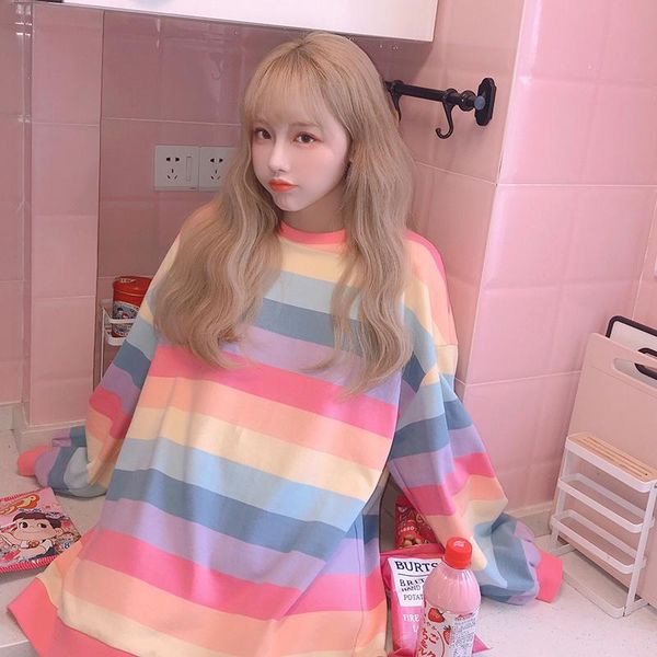 

kawaii women spring rainbow colorful striped long sleeve crew neck t shirt oversized block sweatshirt harajuku plus size, White