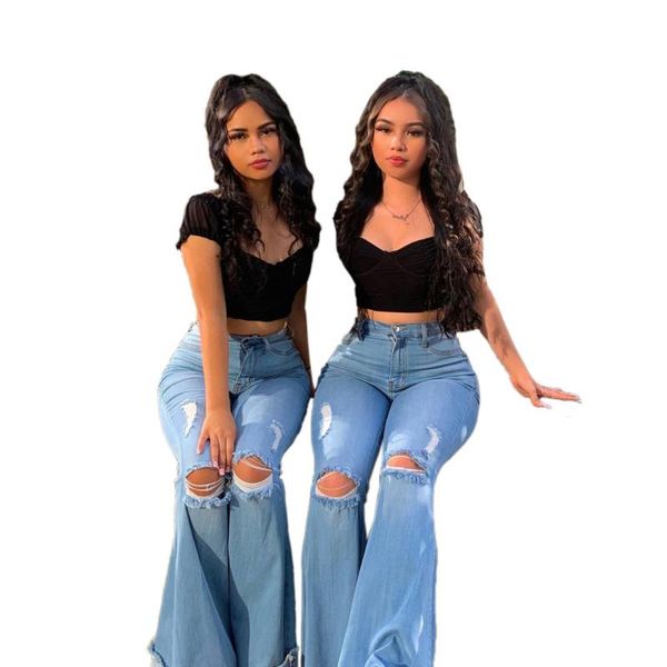 

high waist pants jeans 2021 women plus size jeans pockets zipper female denim trousers spring vintage simple casual flared pants, Blue