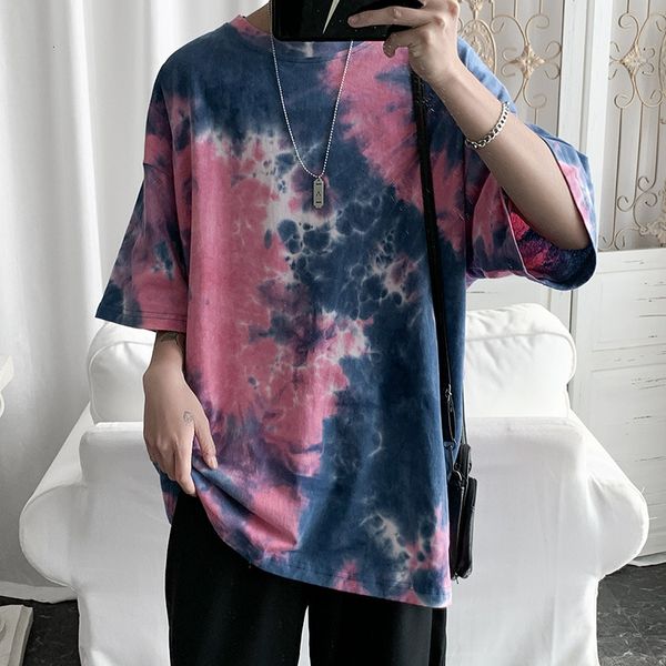 

korean summer tie dyeing trend men's loose short sleeve lovers casual t-shirt, White;black