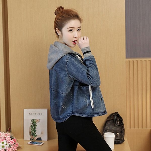 

autumn hooded jeans jacket women plus size outwear clothes short blue cotton ladies casual denim jacket windbreaker coat 201026, Black;brown