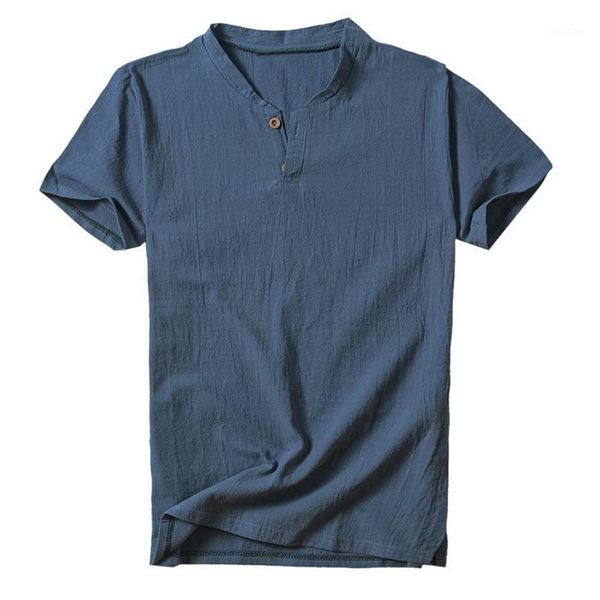 

2020 summer mens v neck cotton t-shirt linen short sleeve casual henley homme button solid slim streetwear1, White;black