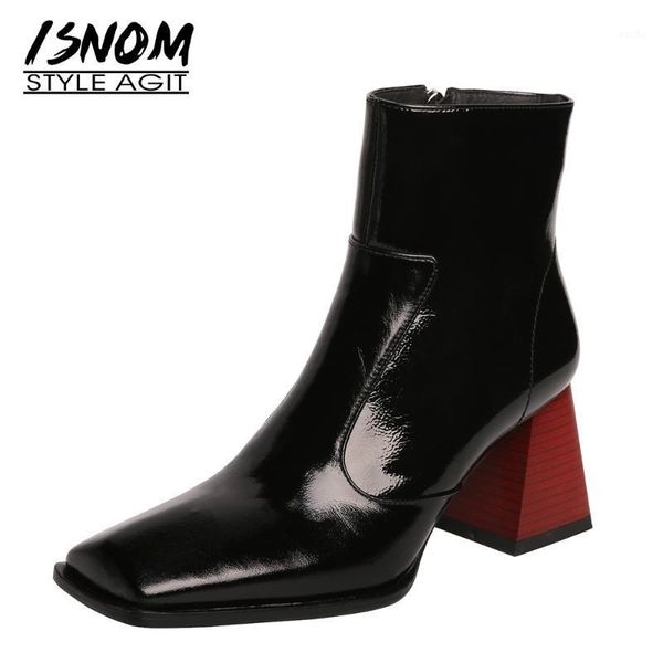 

boots isnom ladies ankle women block high heels shoes square toe booties mix color patent leather woman fashion 20211, Black