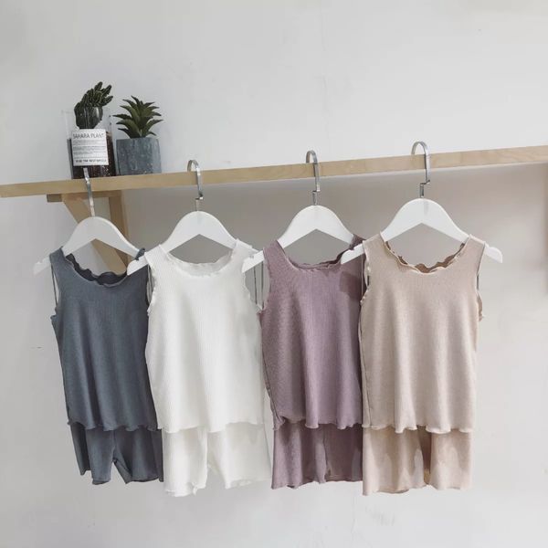 

2020 ribbed baby girls pajamas sets summer sleeveless vest shorts clothing home wear toddler sleepwear 1-6 years kids pajamas y200704, Blue;red