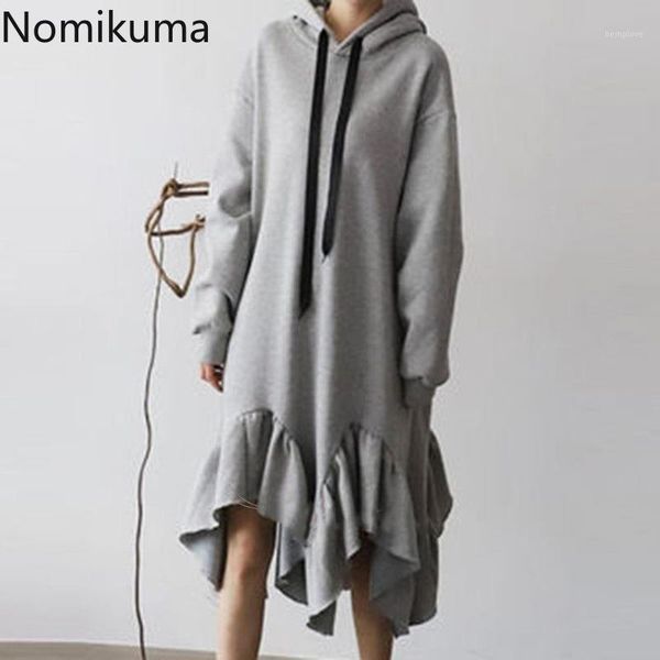 

nomikuma ruffle sweatshirt dress women casual loose long sleeve hooded dresses female solid color korean vestidos mujer 3d4141, Black;gray