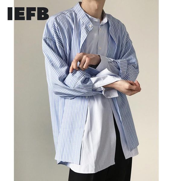 

lanrmem korean design striped shirt 2020 autumn new fake two pieces stand collar side bandge toos high qualty streetwear 9y1425, White;black