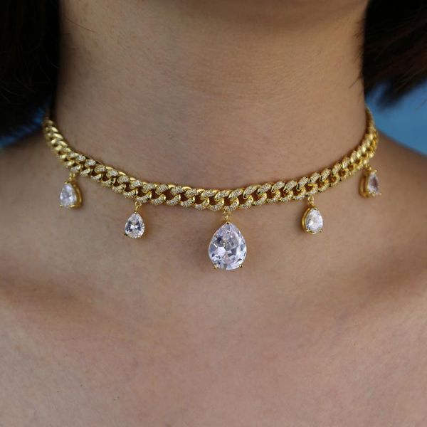 

2020 cuban chain choker necklace with big cz drop charm necklace for women wedding choker hip hop fashion chain wholesale, Golden;silver