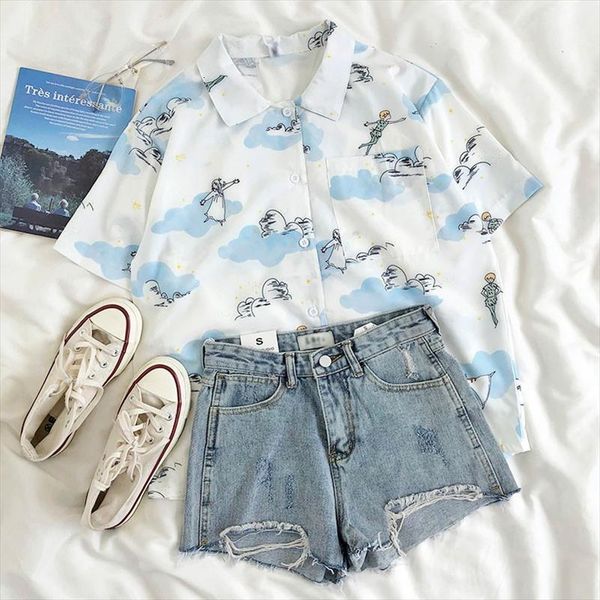

2021 fashion korean sweet girls blouse new harajuku small fresh age reduced print short sleeved shirt ladies blouse, White