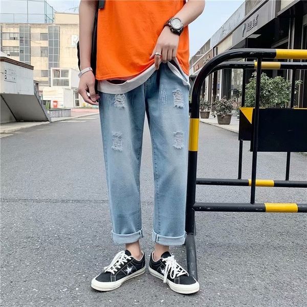 

oglug shaved ins wool loose and jeans trendy ripped jeans men's trendy versatile boystrousers summer loose straight pants cwmn8, Blue