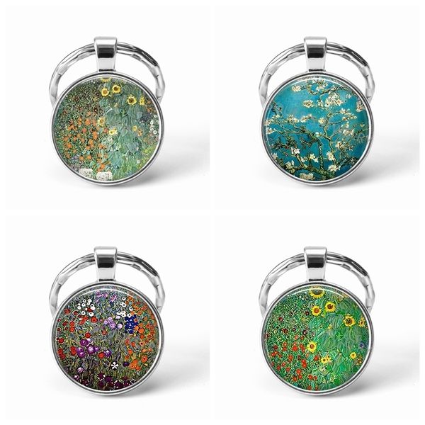 

almond branch in bloom van gogh art keychain silver keyring glass metal van gogh key chain ring fashion gift, Slivery;golden
