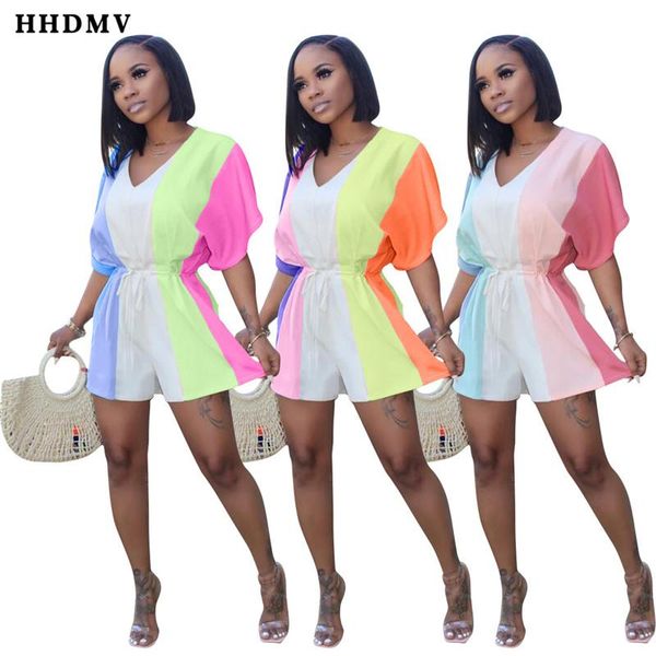 

women's jumpsuits & rompers hhdmv women 2021 fashion street casual style short sleeve v neck printed striped loose pants, Black;white