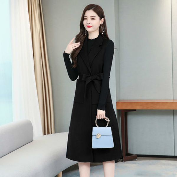 

2021 new woolen jacket medium female winter long sleeveless waistcoat with belt ladies vest y206 qu78, Black;white