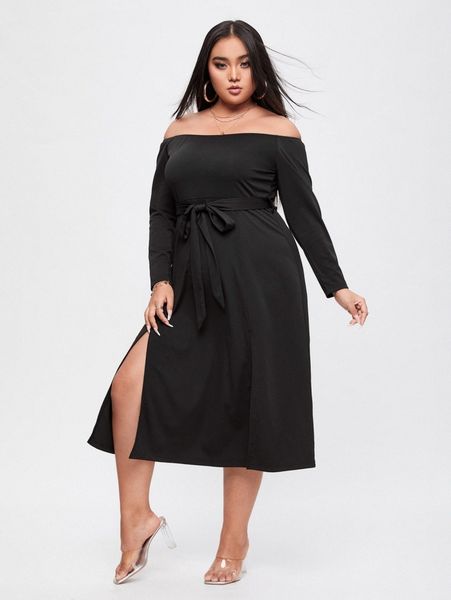 

plus off shoulder split thigh belted dress 91ek#, Black