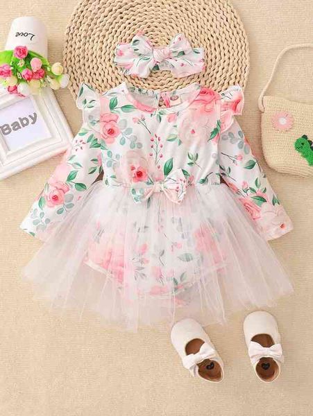 

baby floral print mesh overlay bow front combo bodysuit with headband she, Blue