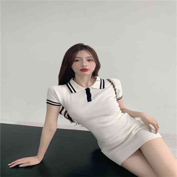 

a korean woman lapel knit fashion dress summer elegant package hip skirt short skirt mini chic simple dress, Black;gray