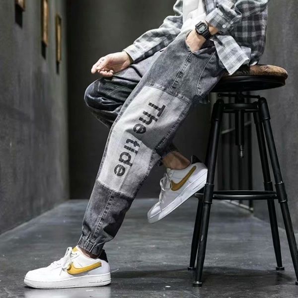 

hip hop korean casual jeans autumn elastic belt men's pants fashion, Black