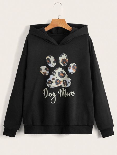 

emery rose paw and letter graphic drop shoulder hoodie t255#, White;black