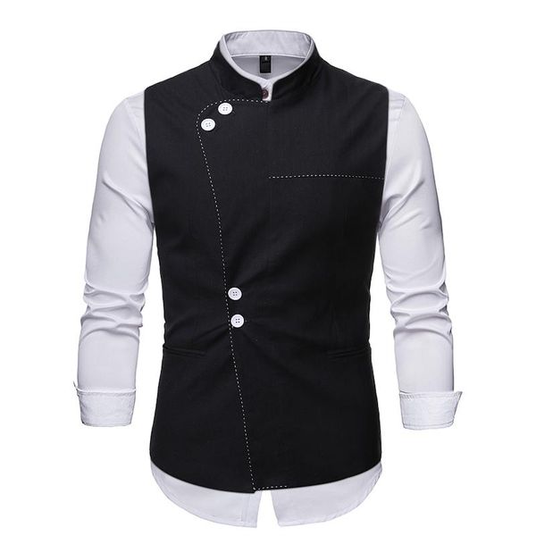 

black stand collar mens dress vest fashion chic slim fit sleeveless vest waistcoat male formal business dress vests gilet homme, Black;white