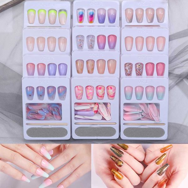 

false nails long glossy colorful fake european shiny rainbow ballerina full nail art tips manicure beauty artificial, Red;gold