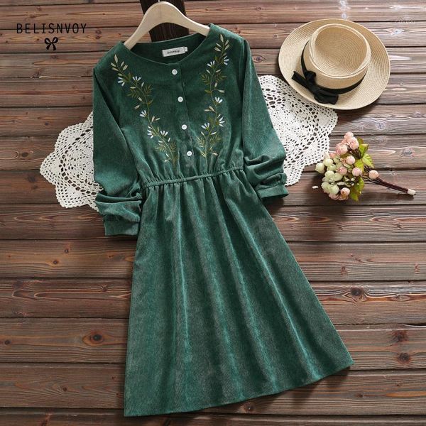 

7 styles mori girl vintage corduroy women shirt dress floral embroidery elegant autumn winter casual ladies dresses midi dress1, Black;gray