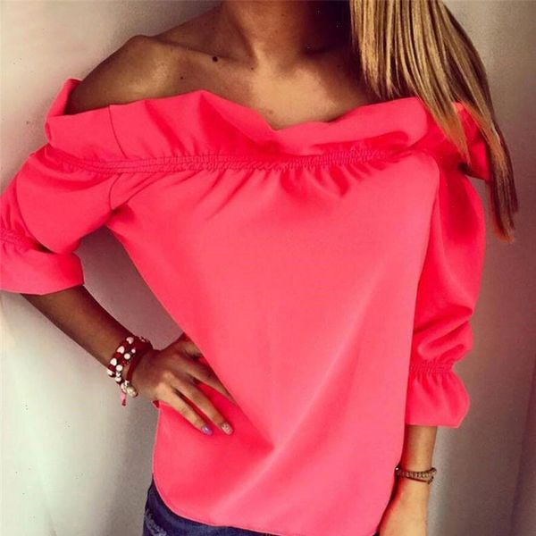 

fashion new women blouse puff sleeve slash neck soild shirt strapless off shoulder ruffles feminine blouses ladies, White