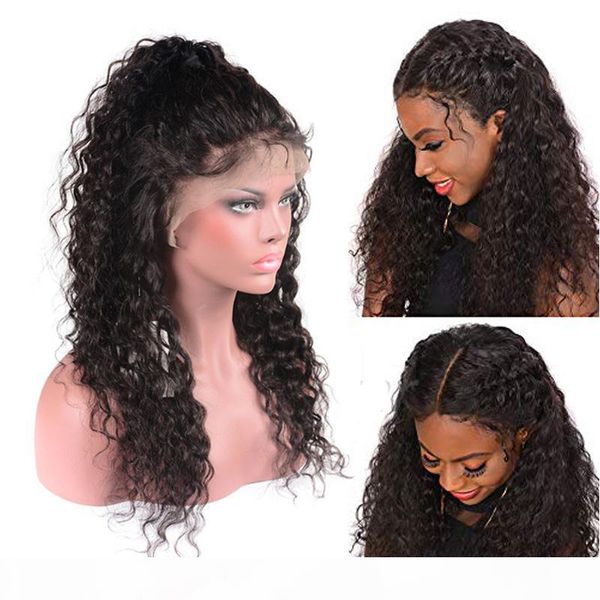 

wholesale glueless brazilian virgin hair wigs water wave lace front human hair wigs pre plucked 150% density 13*4 ear to ear lace wigs, Black;brown