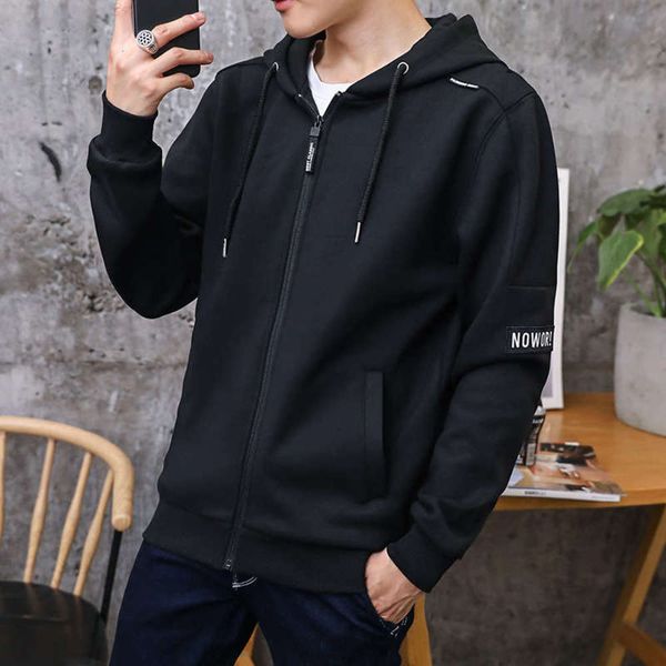 

casual new zipper hooded cardigan coat sports men's solid color sweater, Gray