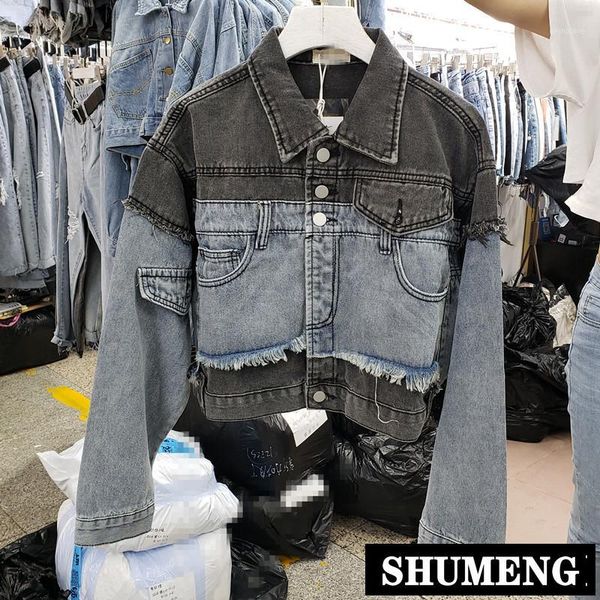 

2019 spring and autumn personality grey blue stitching denim jacket women's short lapel single-breasted jeans coat outwear1, Black;brown