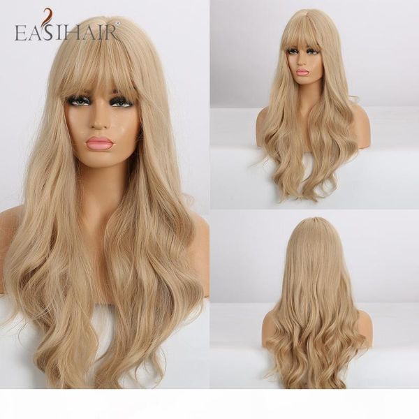 

easihair long blonde wavy wigs with bangs heat resistant synthetic wigs for women african american cosplay natural hair, Black