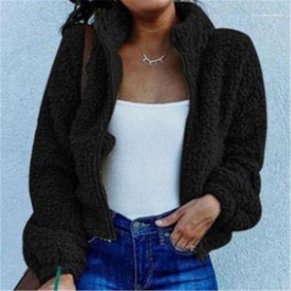 

zipper coats designer female winter new casual loose sweater coat ladies velvet blends outerwear fashion trend fleece long sleeve cardigan, Black