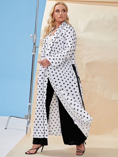 

plus ditsy floral belted kimono v5ld#, Black