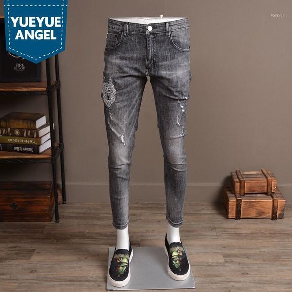 

summer light gray ripped hole jeans men fashion stretch slim fit embroidery denim trousers streetwear casual biker pants1, Blue