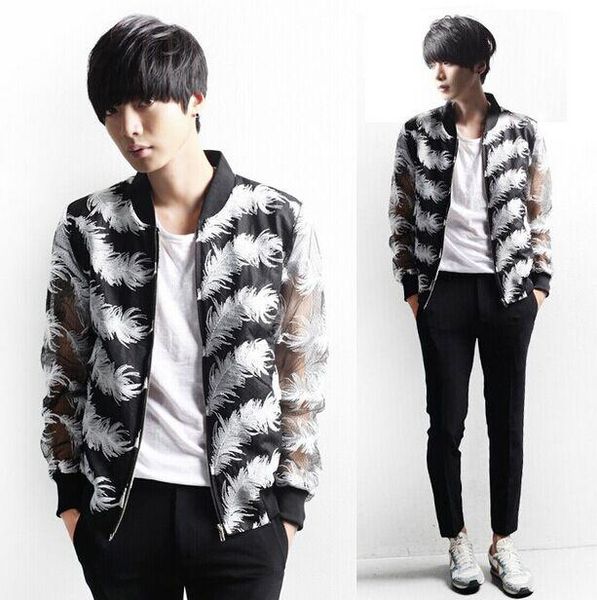 

new metrosexual sunscreen men's clothes nightclub feather jacquard long-sleeve coats & jackets male fashion personality, Black;brown