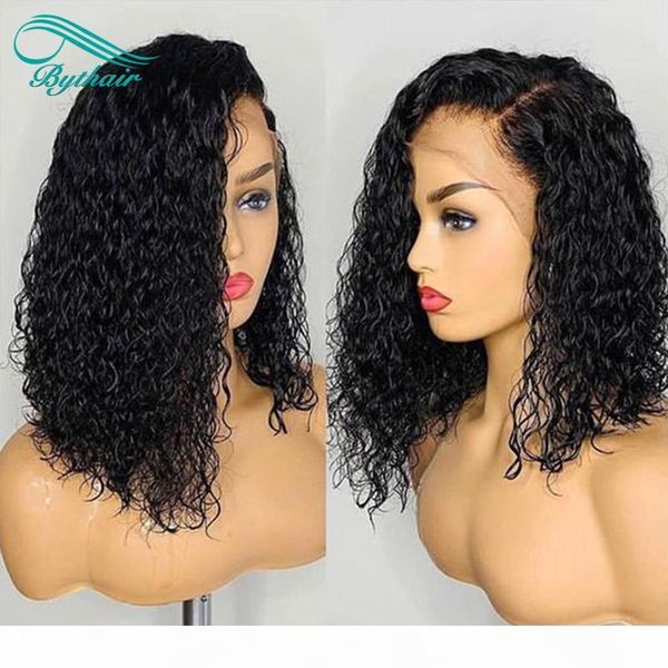 

bythair short lace frontal bob wig water wave lace front human hair wigs for women virgin human hair pre plucked full lace wig, Black;brown