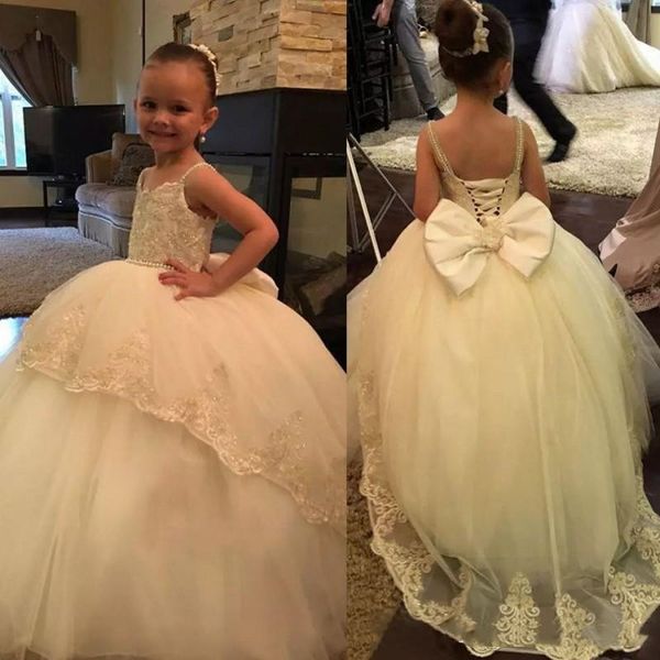 

cute flower girl dresses for wedding bow sash lace applique spaghetti lace ball gown party dresses, White;blue