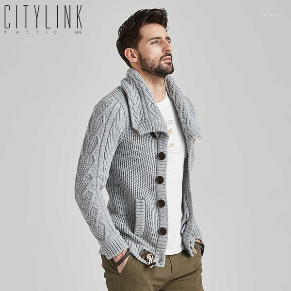 

autumn and winter thick sweater coat men's cardigan high collar handsome creative button collar coat long sleeve sweater1, White;black