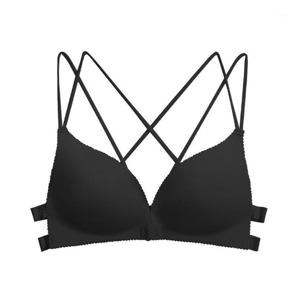 

female front buckle no steel ring bra one-piece beauty back small chest thick cup gathered bra seamless underwear dropshipping1, Red;black