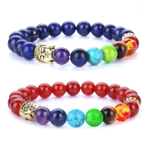 

7 chakra natural stone amethyst beaded bracelet buddha head alloy tiger eye 8mm beads diy bracelet jewelry for women men1, Golden;silver