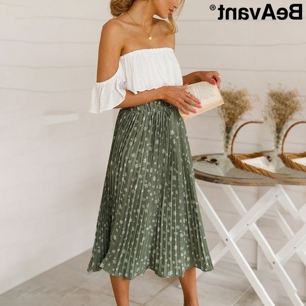 

beavant floral print high waist long pleated skirt women holiday beach chiffon summer skirt bohemian loose ladies skirts female t200324, Black
