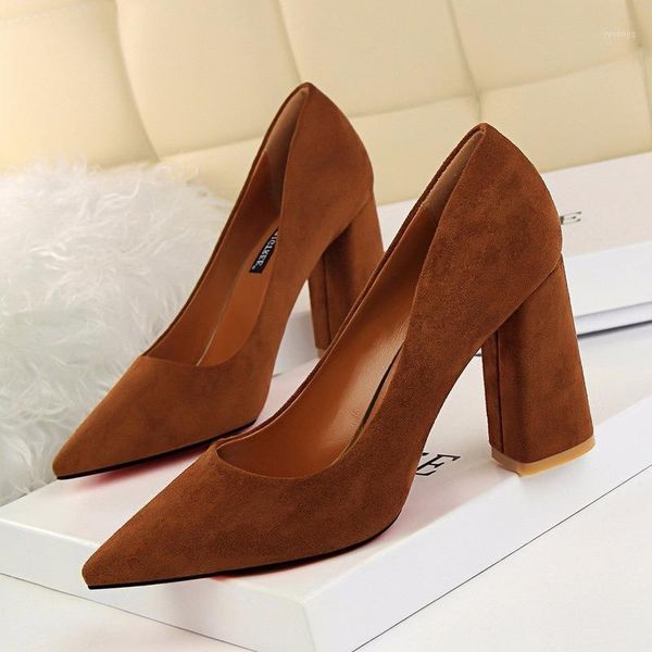 

dress shoes 2021 autumn fashion women pointed toe pumps suede leisure high heels boat wedding tenis feminino s21-471, Black