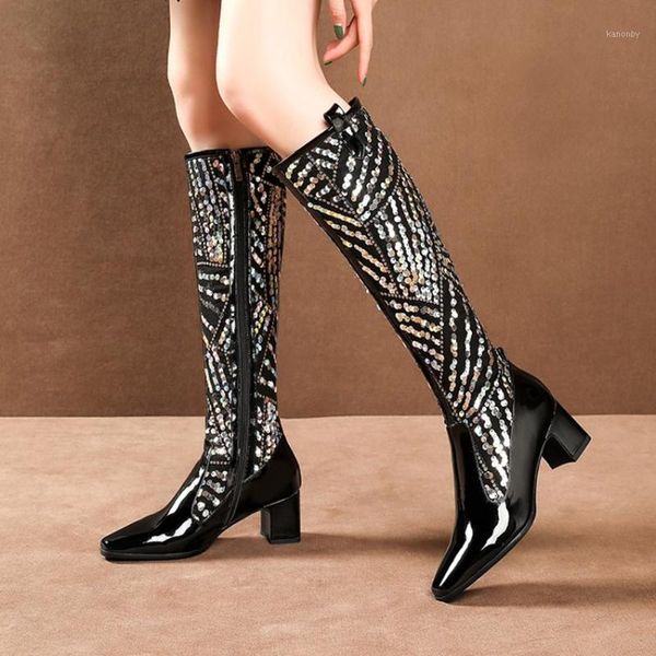 

boots us4-11 womens patent leather knee thigh sequins bling block high heel warm winter pointy toe shoes retro black 20211