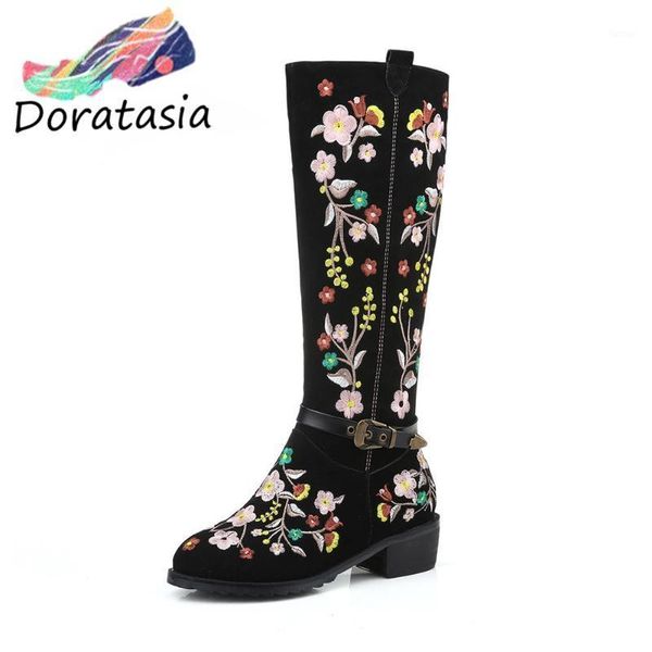 

doratasia large size 34-46 women chunky heels zip embroider zip buckle shoes 2020 rivet boots women coe suede boots1, Black