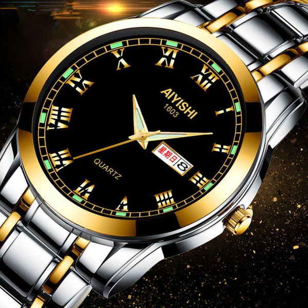 

watch korean swiss men's automatic movement luminous waterproof calendar non mechanical couple steel watch women's, Slivery;brown