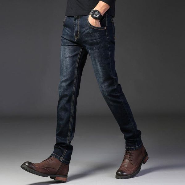 

men's jeans autumn and winter thick business trendy brand slim straight leg stretch pants korean style trend, Blue