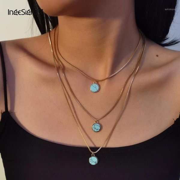 

ingesight.z 3pcs/set multi layered simple minimalist choker necklace collar retro small green stone pendant necklaces jewelry1, Silver