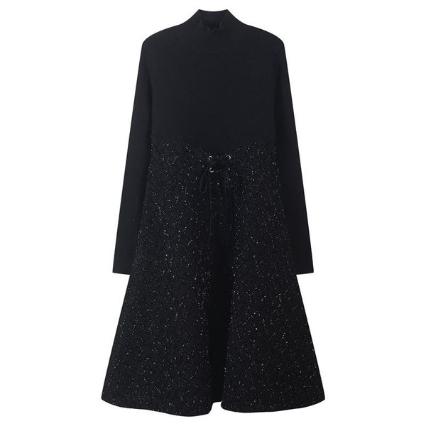 

casual dresses runway warp lace up women plaid shiny slim fit robe knitted vestidos long sleeve sashes a-line ladies drawstring dress, Black;gray