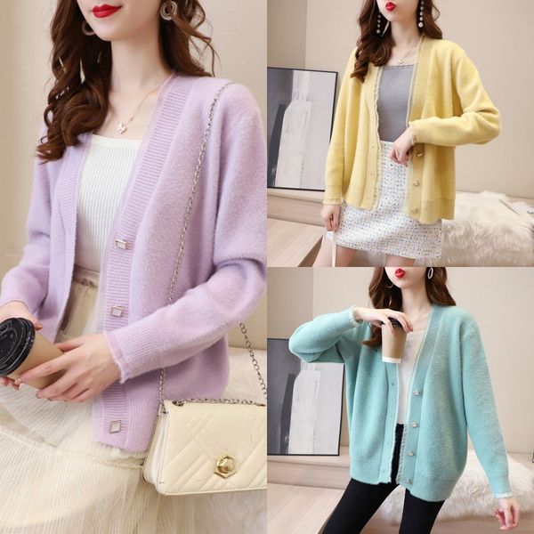 

9tuva new women's knitted in v-neck th autumn and winter 2020 sweater women's coat new sweater knitted cardigan a thin coat cardig, White;black