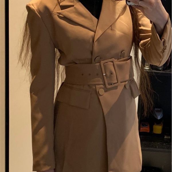 

fashion women khaki casual spring autumn jacket female elegant adjustable waist with belt long sleeve casaco feminino t200212, Black;brown